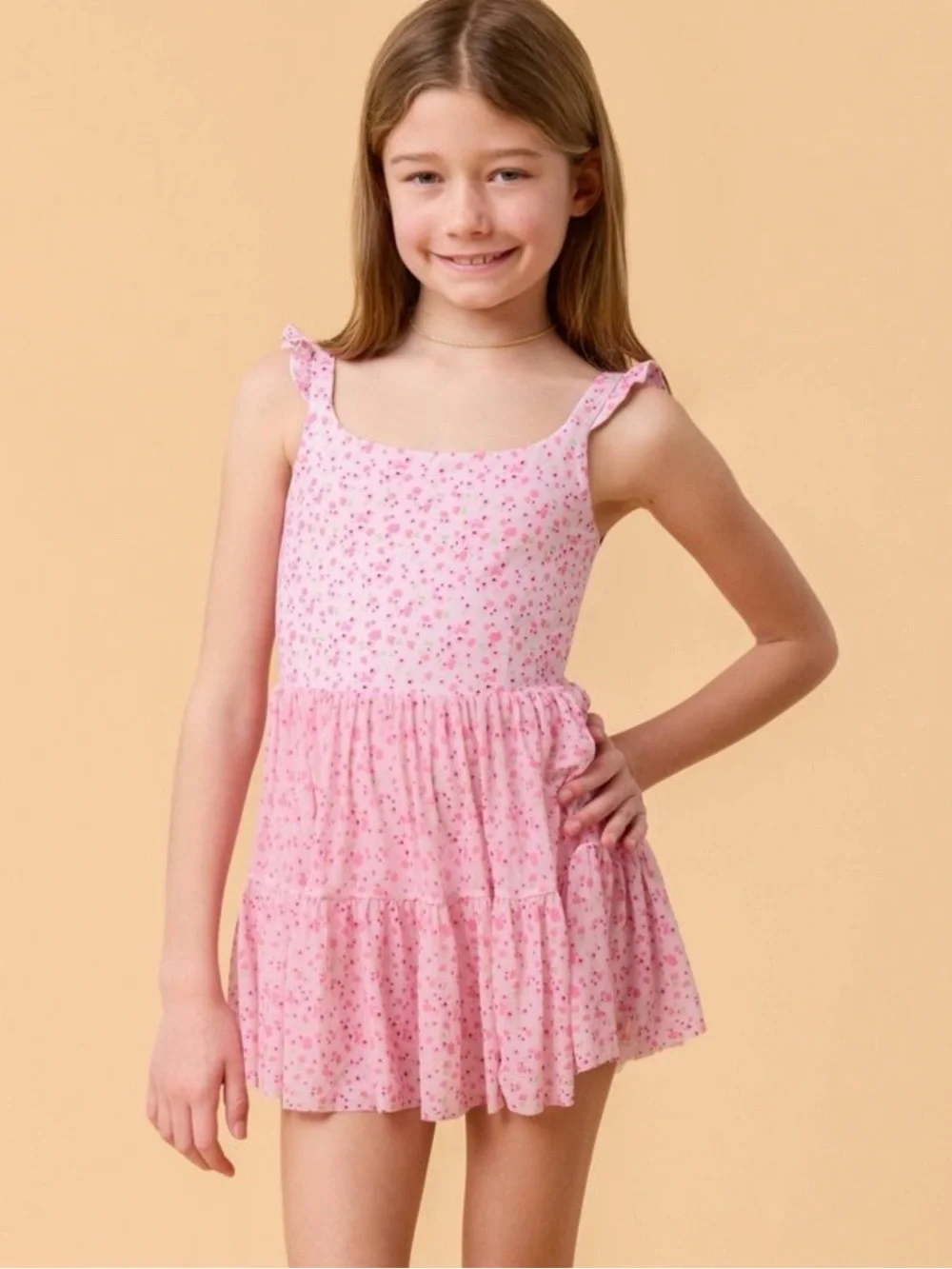 Girls' Pink Floral Tiered Sundress - Soft Cotton Look